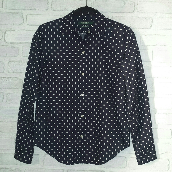 Lauren Ralph Lauren Tops - Lauren Ralph Lauren Navy Blue Polkadot Non Iron Button Down Shirt S